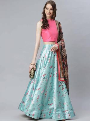 pink satin silk floral lehenga choli dupatta set 1