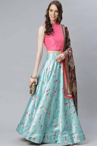 Pink Digital Floral Print Satin Silk Fabric Semistitched Lehenga Choli With Jequared Unstitched Blouse with Dupatta
