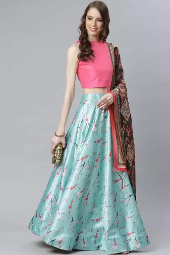 Pink Digital Floral Print Satin Silk Fabric Semistitched Lehenga Choli With Jequared Unstitched Blouse with Dupatta
