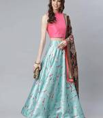 Pink Digital Floral Print Satin Silk Fabric Semistitched Lehenga Choli With Jequared Unstitched Blouse with Dupatta
