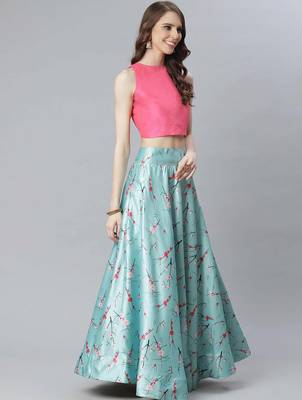 pink satin silk floral lehenga choli dupatta set 2