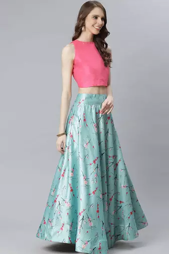 pink satin silk floral lehenga choli dupatta set