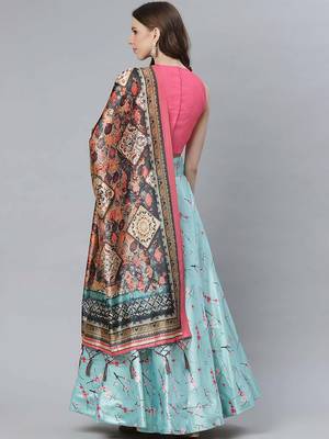 pink satin silk floral lehenga choli dupatta set 3