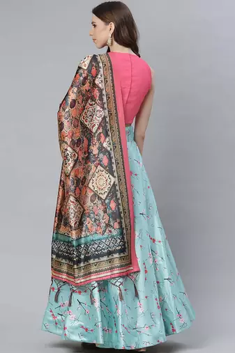 pink satin silk floral lehenga choli dupatta set
