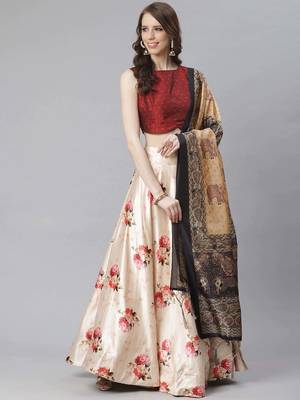 Maroon Digital Floral Print Satin Silk Fabric Semistitched Lehenga Choli With Jequared Unstitched Blouse with Dupatta 1