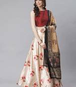 Maroon Digital Floral Print Satin Silk Fabric Semistitched Lehenga Choli With Jequared Unstitched Blouse with Dupatta