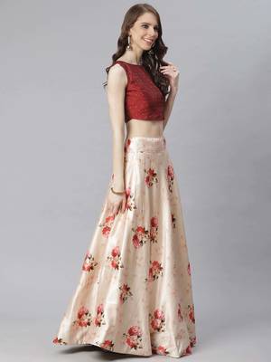 Maroon Digital Floral Print Satin Silk Fabric Semistitched Lehenga Choli With Jequared Unstitched Blouse with Dupatta 2