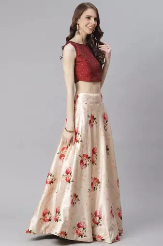 Maroon Digital Floral Print Satin Silk Fabric Semistitched Lehenga Choli With Jequared Unstitched Blouse with Dupatta