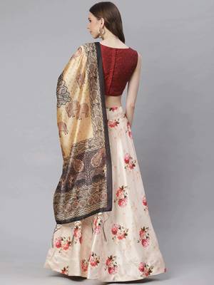 Maroon Digital Floral Print Satin Silk Fabric Semistitched Lehenga Choli With Jequared Unstitched Blouse with Dupatta 3