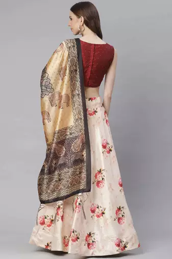 Maroon Digital Floral Print Satin Silk Fabric Semistitched Lehenga Choli With Jequared Unstitched Blouse with Dupatta