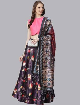 Pink Digital Floral Print Satin Silk Fabric Semistitched Lehenga Choli With Jequared Unstitched Blouse with Dupatta 1