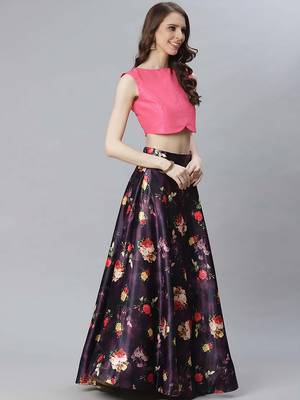 Pink Digital Floral Print Satin Silk Fabric Semistitched Lehenga Choli With Jequared Unstitched Blouse with Dupatta 2