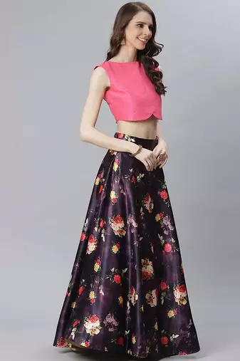 Pink Digital Floral Print Satin Silk Fabric Semistitched Lehenga Choli With Jequared Unstitched Blouse with Dupatta
