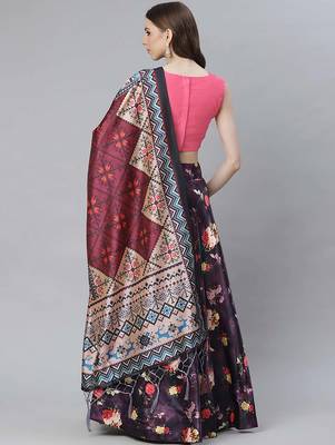 Pink Digital Floral Print Satin Silk Fabric Semistitched Lehenga Choli With Jequared Unstitched Blouse with Dupatta 3