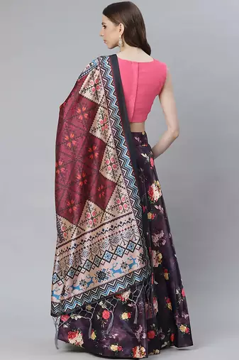 Pink Digital Floral Print Satin Silk Fabric Semistitched Lehenga Choli With Jequared Unstitched Blouse with Dupatta