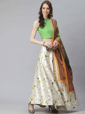 Green Digital Floral Print Satin Silk Fabric Semistitched Lehenga Choli With Jequared Unstitched Blouse with Dupatta 1