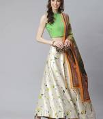Green Digital Floral Print Satin Silk Fabric Semistitched Lehenga Choli With Jequared Unstitched Blouse with Dupatta