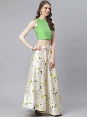 Green Digital Floral Print Satin Silk Fabric Semistitched Lehenga Choli With Jequared Unstitched Blouse with Dupatta 2