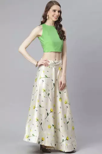 Green Digital Floral Print Satin Silk Fabric Semistitched Lehenga Choli With Jequared Unstitched Blouse with Dupatta