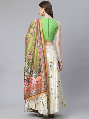 Green Digital Floral Print Satin Silk Fabric Semistitched Lehenga Choli With Jequared Unstitched Blouse with Dupatta 3