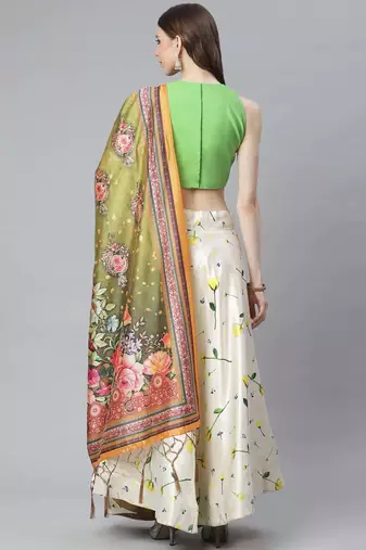 Green Digital Floral Print Satin Silk Fabric Semistitched Lehenga Choli With Jequared Unstitched Blouse with Dupatta