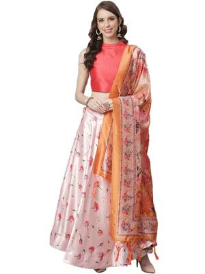Pink Digital Floral Print Satin Silk Fabric Semistitched Lehenga Choli With Jequared Unstitched Blouse with Dupatta 1