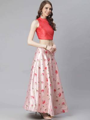 Pink Digital Floral Print Satin Silk Fabric Semistitched Lehenga Choli With Jequared Unstitched Blouse with Dupatta 2