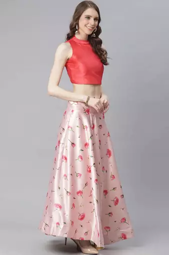 Pink Digital Floral Print Satin Silk Fabric Semistitched Lehenga Choli With Jequared Unstitched Blouse with Dupatta