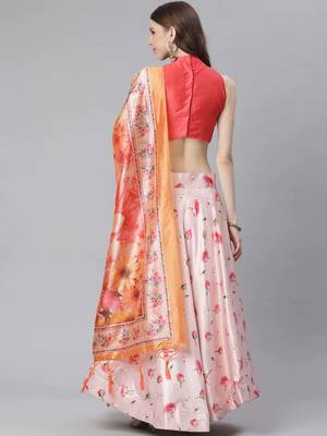 Pink Digital Floral Print Satin Silk Fabric Semistitched Lehenga Choli With Jequared Unstitched Blouse with Dupatta 3