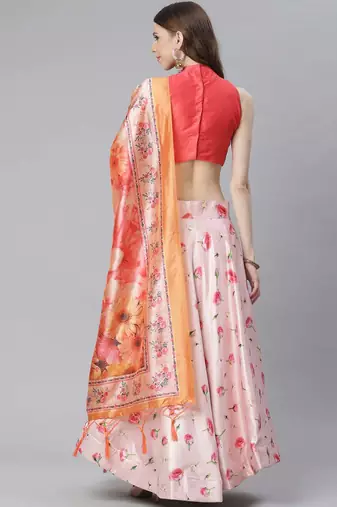Pink Digital Floral Print Satin Silk Fabric Semistitched Lehenga Choli With Jequared Unstitched Blouse with Dupatta