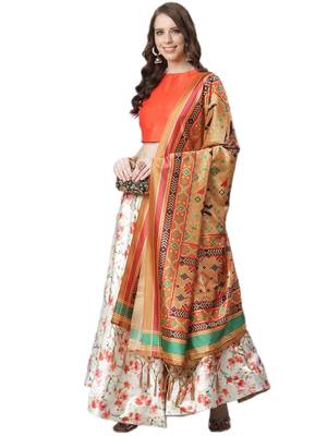 Orange Digital Floral Print Satin Silk Fabric Semistitched Lehenga Choli With Jequared Unstitched Blouse with Dupatta 1