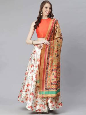 Orange Digital Floral Print Satin Silk Fabric Semistitched Lehenga Choli With Jequared Unstitched Blouse with Dupatta 2