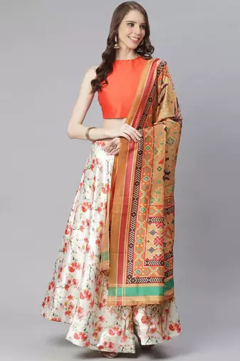 Orange Digital Floral Print Satin Silk Fabric Semistitched Lehenga Choli With Jequared Unstitched Blouse with Dupatta