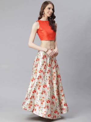 Orange Digital Floral Print Satin Silk Fabric Semistitched Lehenga Choli With Jequared Unstitched Blouse with Dupatta 3