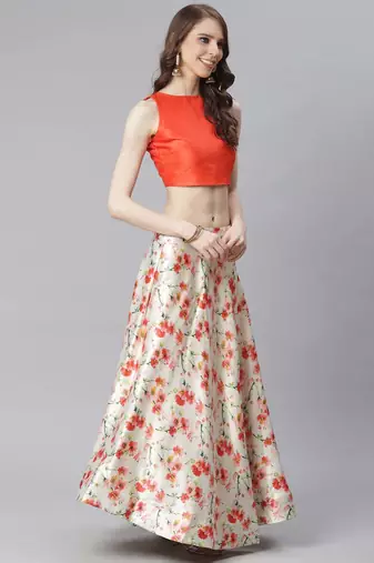 Orange Digital Floral Print Satin Silk Fabric Semistitched Lehenga Choli With Jequared Unstitched Blouse with Dupatta
