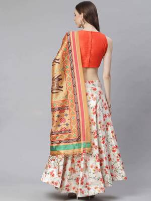 Orange Digital Floral Print Satin Silk Fabric Semistitched Lehenga Choli With Jequared Unstitched Blouse with Dupatta 4