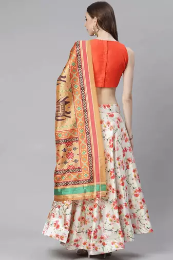 Orange Digital Floral Print Satin Silk Fabric Semistitched Lehenga Choli With Jequared Unstitched Blouse with Dupatta