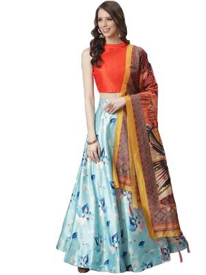 Orange Digital Floral Print Satin Silk Fabric Semistitched Lehenga Choli With Jequared Unstitched Blouse with Dupatta 1