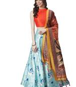 Orange Digital Floral Print Satin Silk Fabric Semistitched Lehenga Choli With Jequared Unstitched Blouse with Dupatta