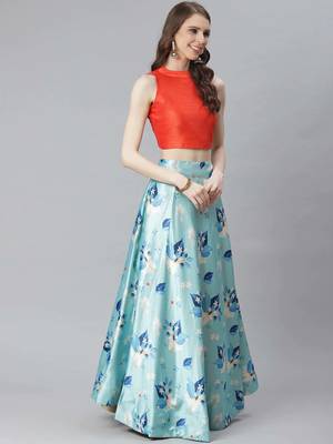 Orange Digital Floral Print Satin Silk Fabric Semistitched Lehenga Choli With Jequared Unstitched Blouse with Dupatta 2