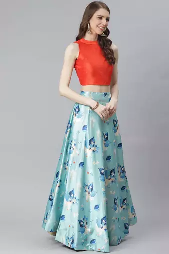 Orange Digital Floral Print Satin Silk Fabric Semistitched Lehenga Choli With Jequared Unstitched Blouse with Dupatta