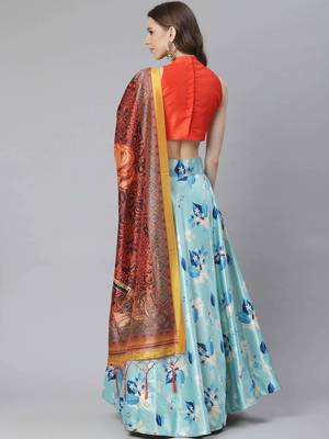 Orange Digital Floral Print Satin Silk Fabric Semistitched Lehenga Choli With Jequared Unstitched Blouse with Dupatta 3