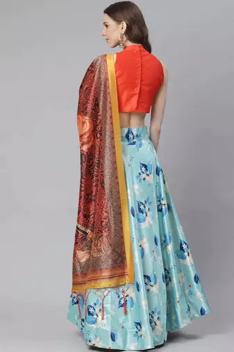 Orange Digital Floral Print Satin Silk Fabric Semistitched Lehenga Choli With Jequared Unstitched Blouse with Dupatta