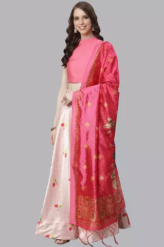 Pink Digital Floral Print Satin Silk Fabric Semistitched Lehenga Choli With Jequared Unstitched Blouse with Dupatta