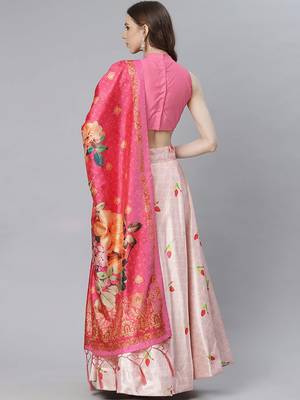 pink satin silk floral semi-stitched lehenga set 2