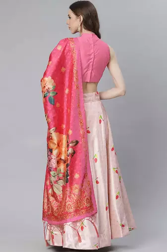 pink satin silk floral semi-stitched lehenga set