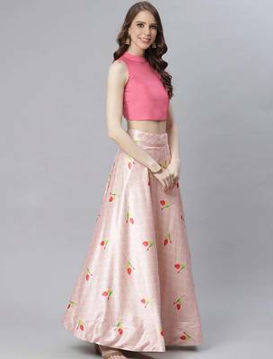 pink satin silk floral semi-stitched lehenga set 3