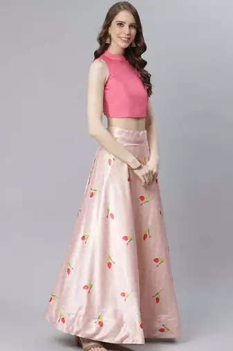 pink satin silk floral semi-stitched lehenga set