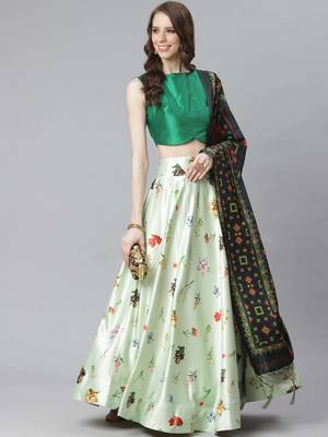 Green Digital Floral Print Satin Silk Fabric Semistitched Lehenga Choli With Jequared Unstitched Blouse with Dupatta 1