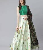 Green Digital Floral Print Satin Silk Fabric Semistitched Lehenga Choli With Jequared Unstitched Blouse with Dupatta